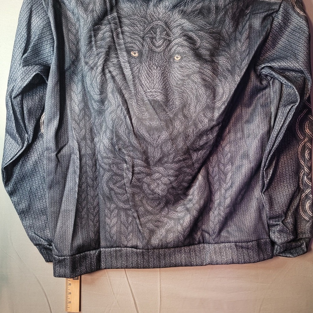 Wolf Graphic Hoodie Mens 2XL Gray Black Faux Knit Celtic Sleeve Print Pullover - Picture 3 of 5